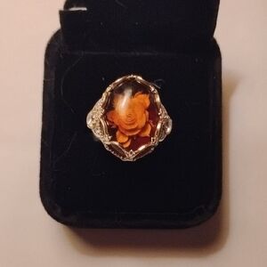 Real Silver With A Piece Of Citrine Engraved Rose 18mm Wide